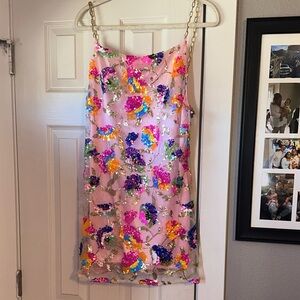 Floral Sequin Mini Embellished Dress With Gold Chain Straps